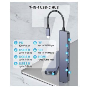 HUB USB-C, 7en1, con HDMI 4K, PD, 1xUSB3.0, 2xUSB2.0, SD, TF