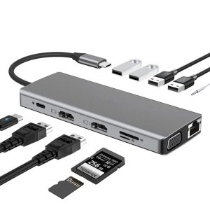 Hub USB-C 12 en 1 – Doble HDMI 4K, VGA, Ethernet, Lector SD, Audio y Power Delivery