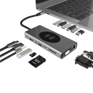 Hub USB-C 15 en 1 – HDMI Dual 4K, VGA, Ethernet, Lector SD, USB 3.0 y Power Delivery, carga inalámbrica